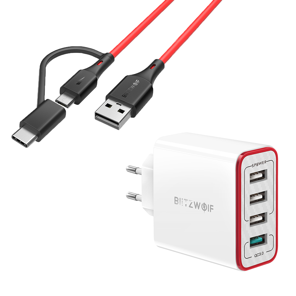 

BlitzWolf® BW-MT3 3A 2 in 1 Type C Micro USB Data Cable & BW-PL5 30W QC3.0 Fast Charging 2.4A 4-Ports USB Charger