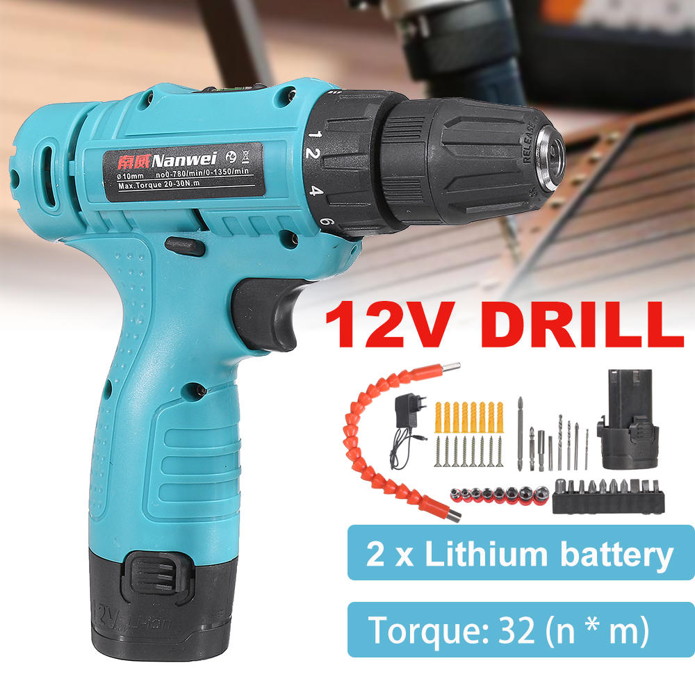 12V Cordless Drill Impact Driver 2 Lithium Rechargeable LED Worklight Hand Electric Power Tools 14