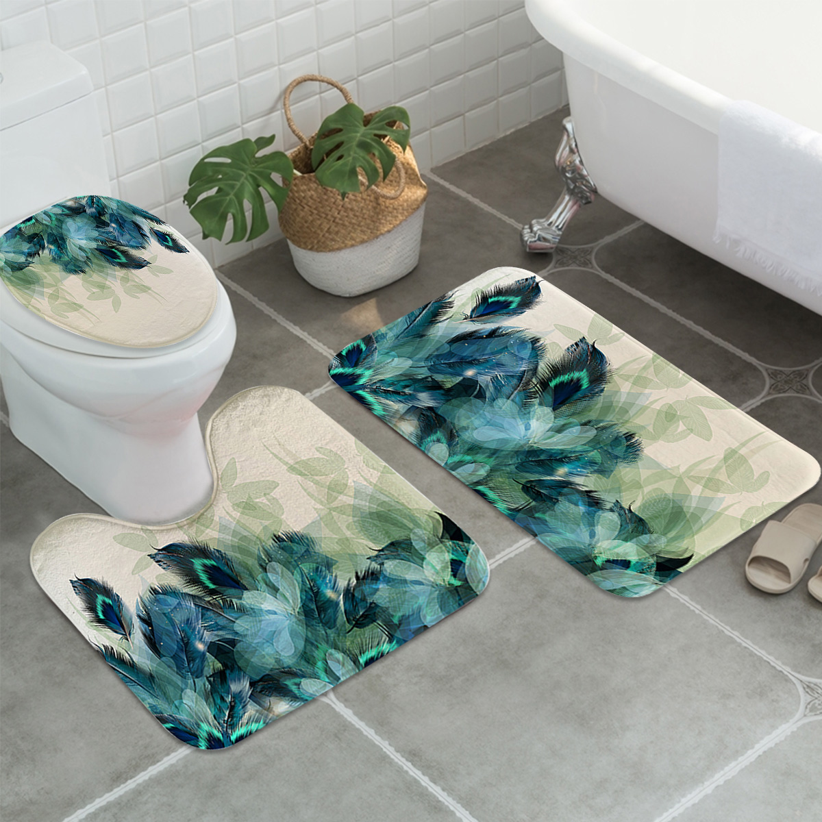 

3PC Anti-Slip Bathroom Peacock Feather Bath Mat Toilet Lid Cover Bathroom Floor Carpet