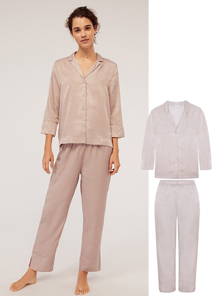 

Glossy Satin 3/4 Sleeve Button-Down Ploka Dot Pajama Set