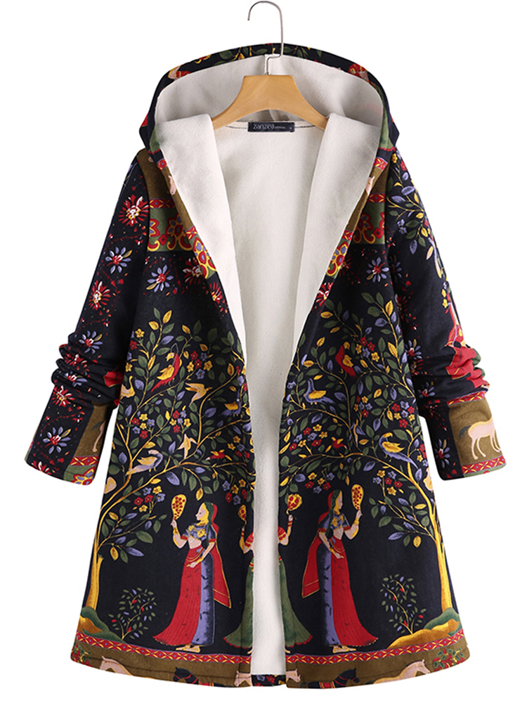 

Этнические Женское флис с длинным рукавом и цветочным принтом Толстые пальто