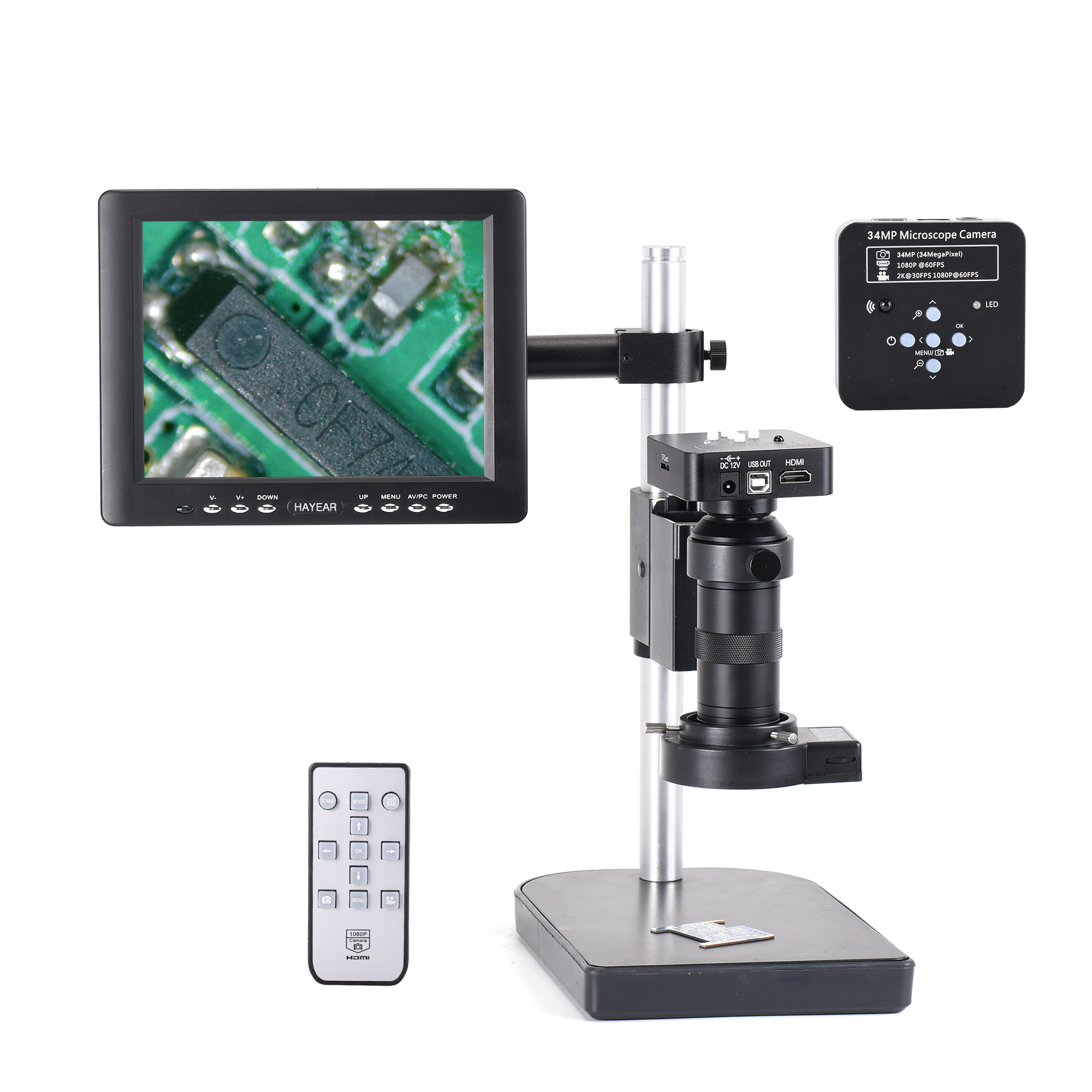 

HAYEAR 34mpMP Industrial Microscope Camera Kit HDMI USB 100X C-mount Zoom Lens 60 LED Light with 8" HD LCD Screen For Mo
