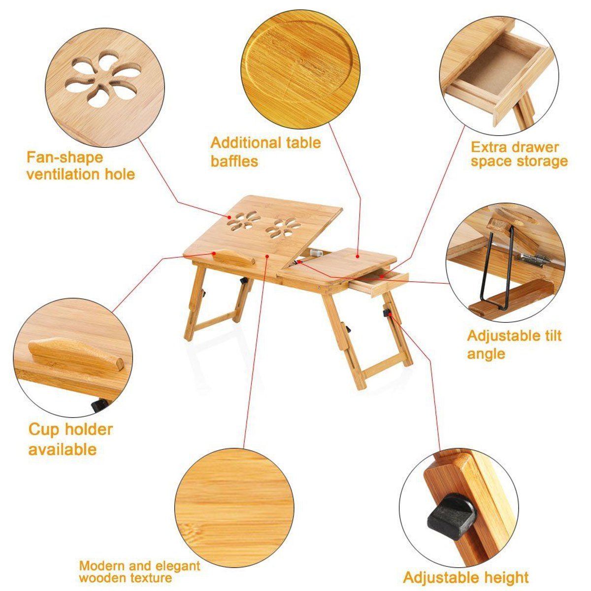 Portable Folding Lap Desk Bamboo Laptop Breakfast Tray Bed Table Stand Fan 11
