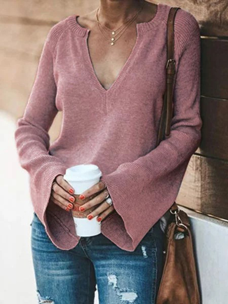 

Women Casual Pure Color V-neck Trumpet Sleeve Blouse