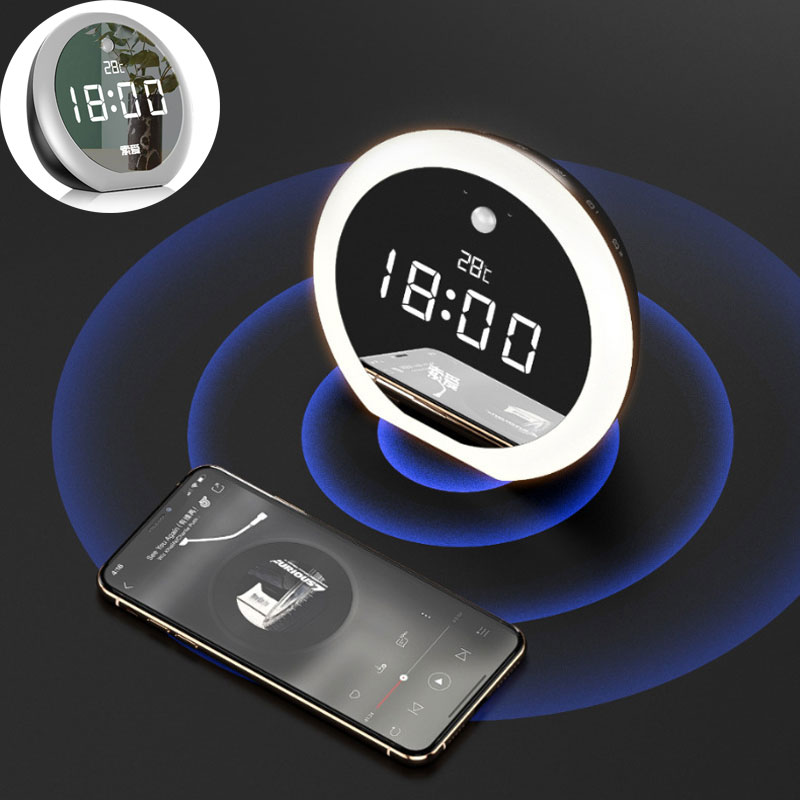 

SOAIY E19 Luminous Mirror Bluetooth Speaker with Wireless Built-in HD Mic Double Alarm Clock FM Radio Night Light for Ho