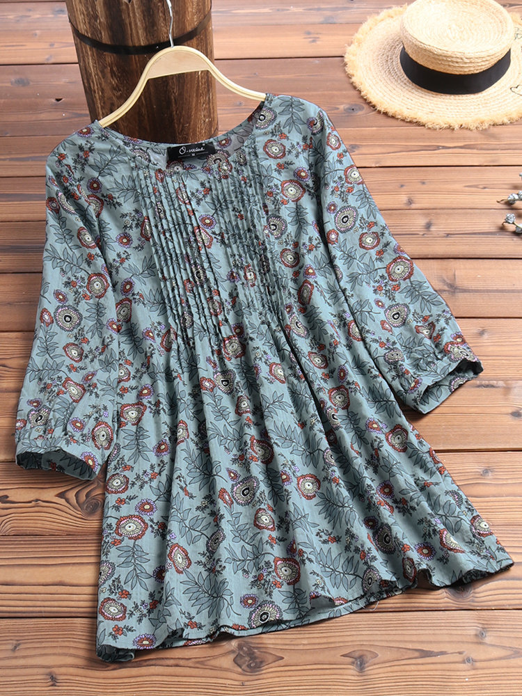 

Plus Size Women Autumn Pleated Daily Casual Floral Blouse