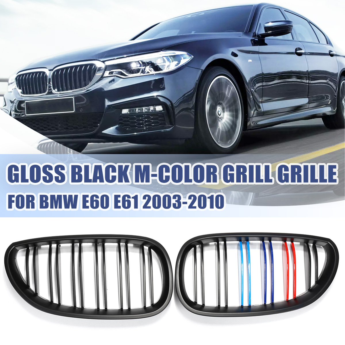 Viviance Pair New Gloss Black M-Color Front Kidney Grill Grille For BMW E60 E61 03-10