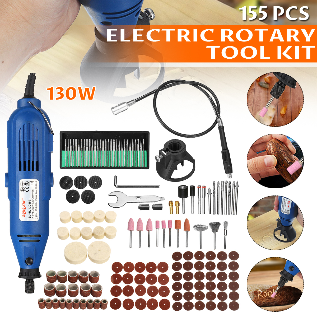 155Pcs 130W Electric Mini Grinder 6 Gear Drill Set Rotary Tool & Flexible Shaft Engraving Polishing Tool 29
