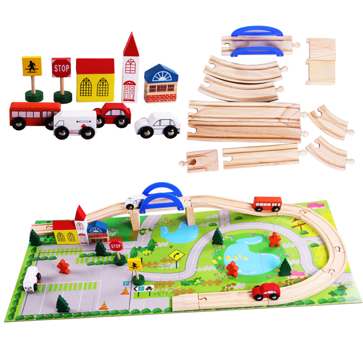 

40 PCS Wooden Car Track Disassembly and Other Accessories City Track Overpass Traffic Scene Combination Educational Toys