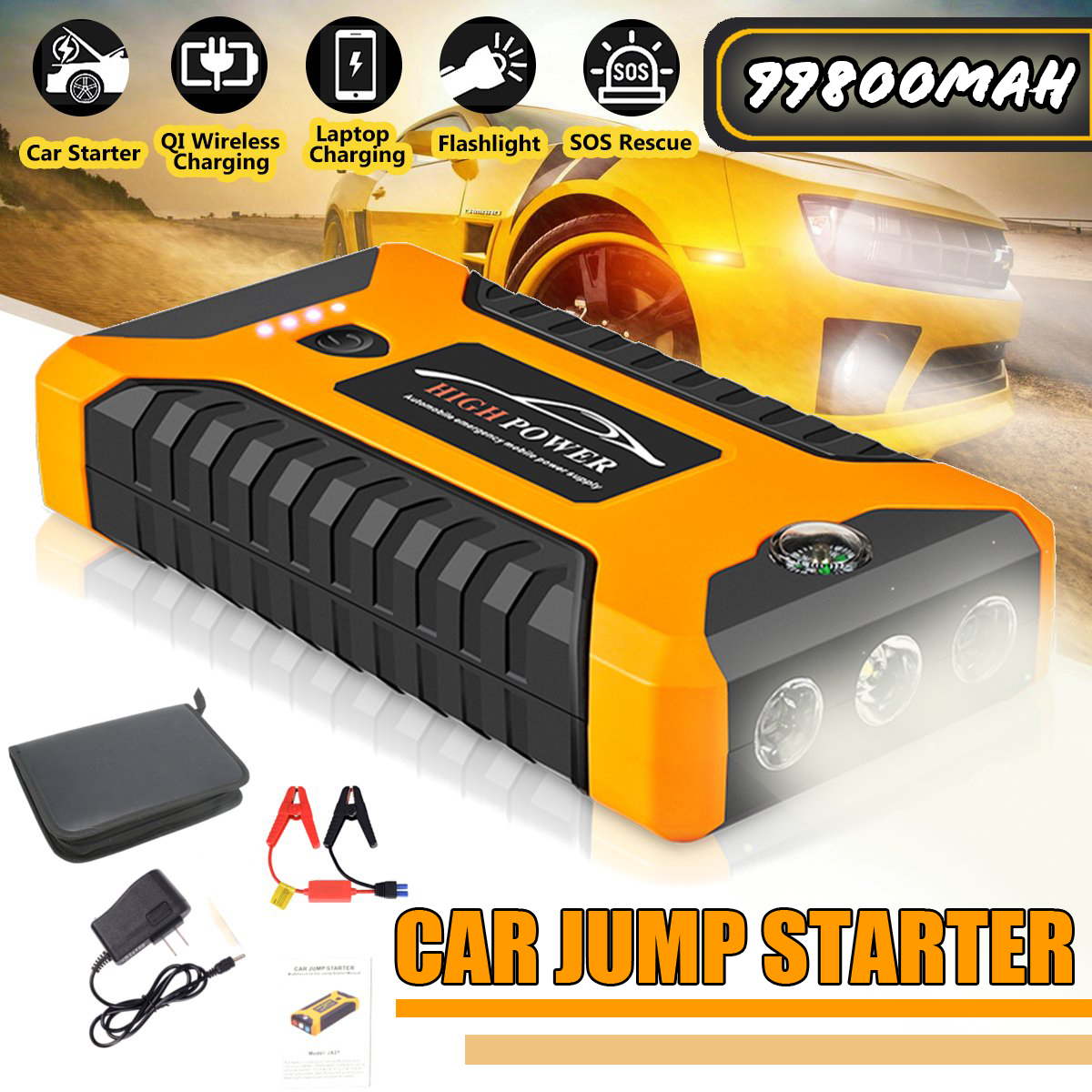 99800mah 600A Peak Car Jump Starter Lithium Battery with LED SOS Mode 12V Auto Battery Booster 11