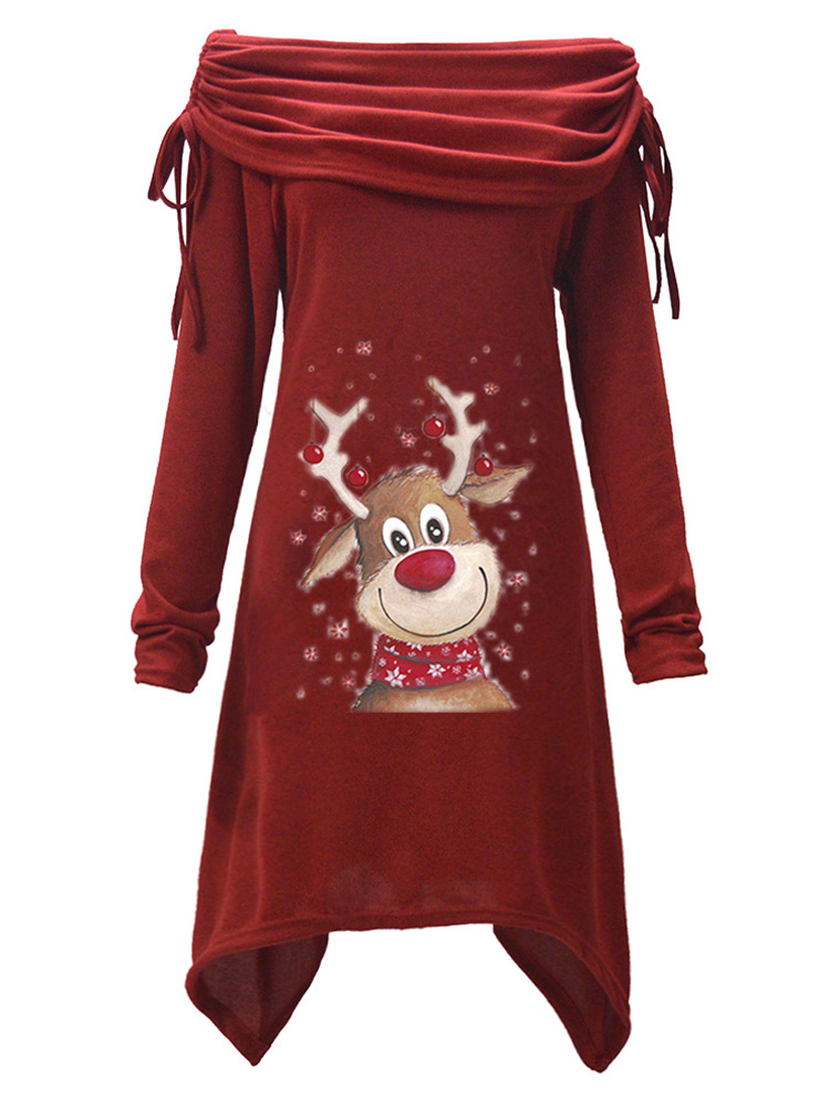 

Women Christmas Elk Print Irregular Long Sleeve Dress