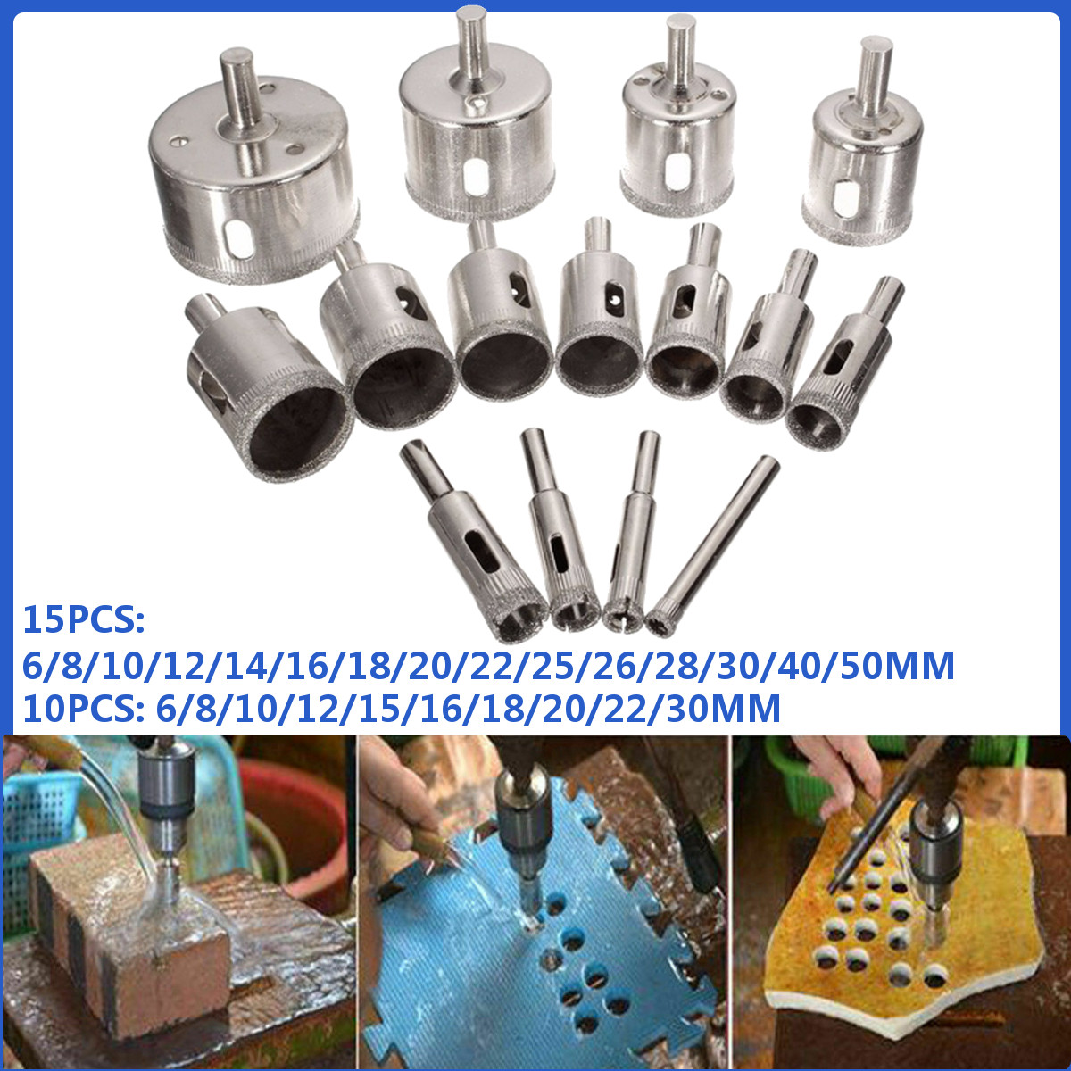 

10pcs 6-30mm or 15pcs 6-50mm Diamond Hole Saw Cutter Set Drill Bit For Tile Marble Glass