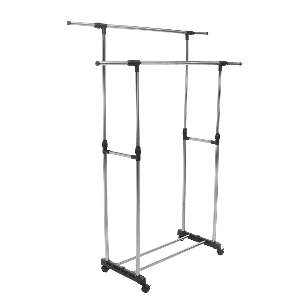 

Adjustable Stainless Steel Rolling Rail Movement Cloth Storage Drying Rack Double Bar Hanger Garment