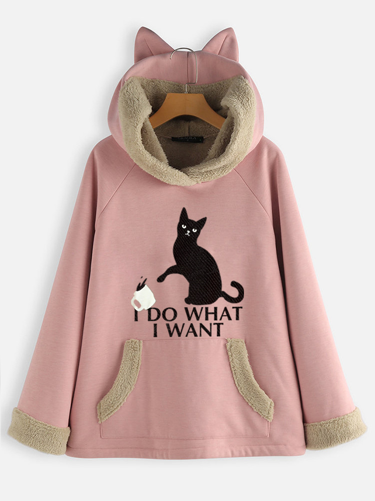 

Cartoon Cat Print Thicken Fleece Hooded Sweatshirt Coats