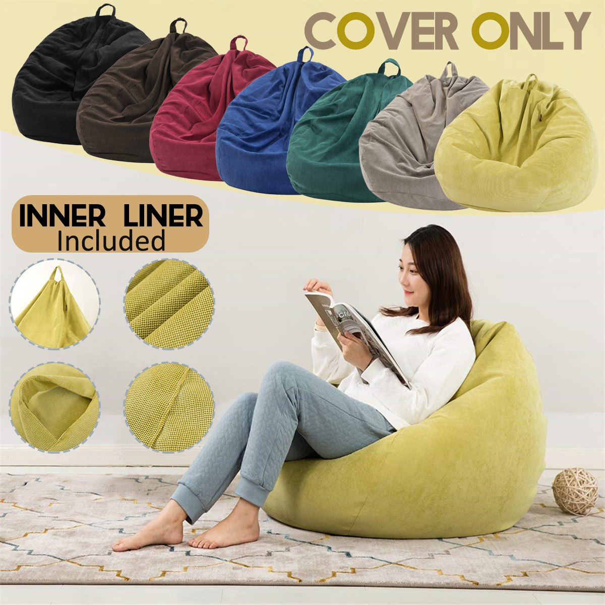 Corduroy Bean Bag Chair 70*80cm Multicolor Gaming Sofa Cover Indoor Lazy Sofa With Mesh Bag Liner Cover 11