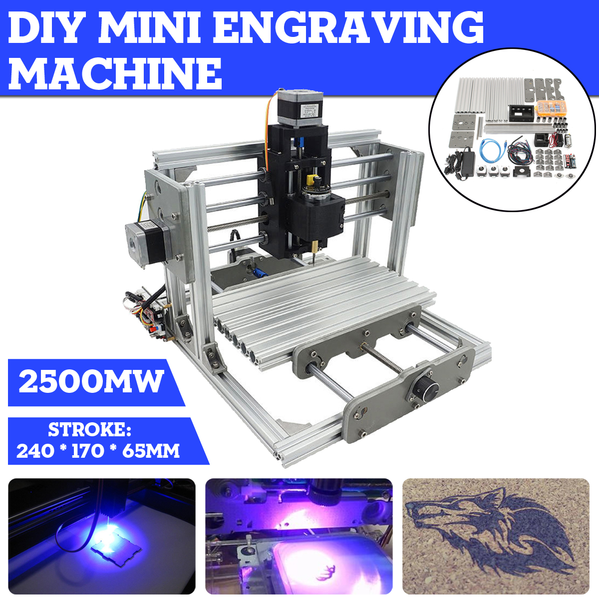

2417 3AXIS 2500MW Axis Mini DIY CNC Router Wood Craving Engraving Cutting Milling Desktop Engraver Machine Laser Engraving Machine