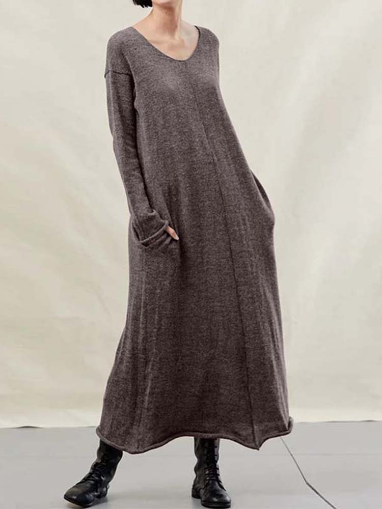 

Women Solid V-neck Long Sleeve Causal Maxi Dress