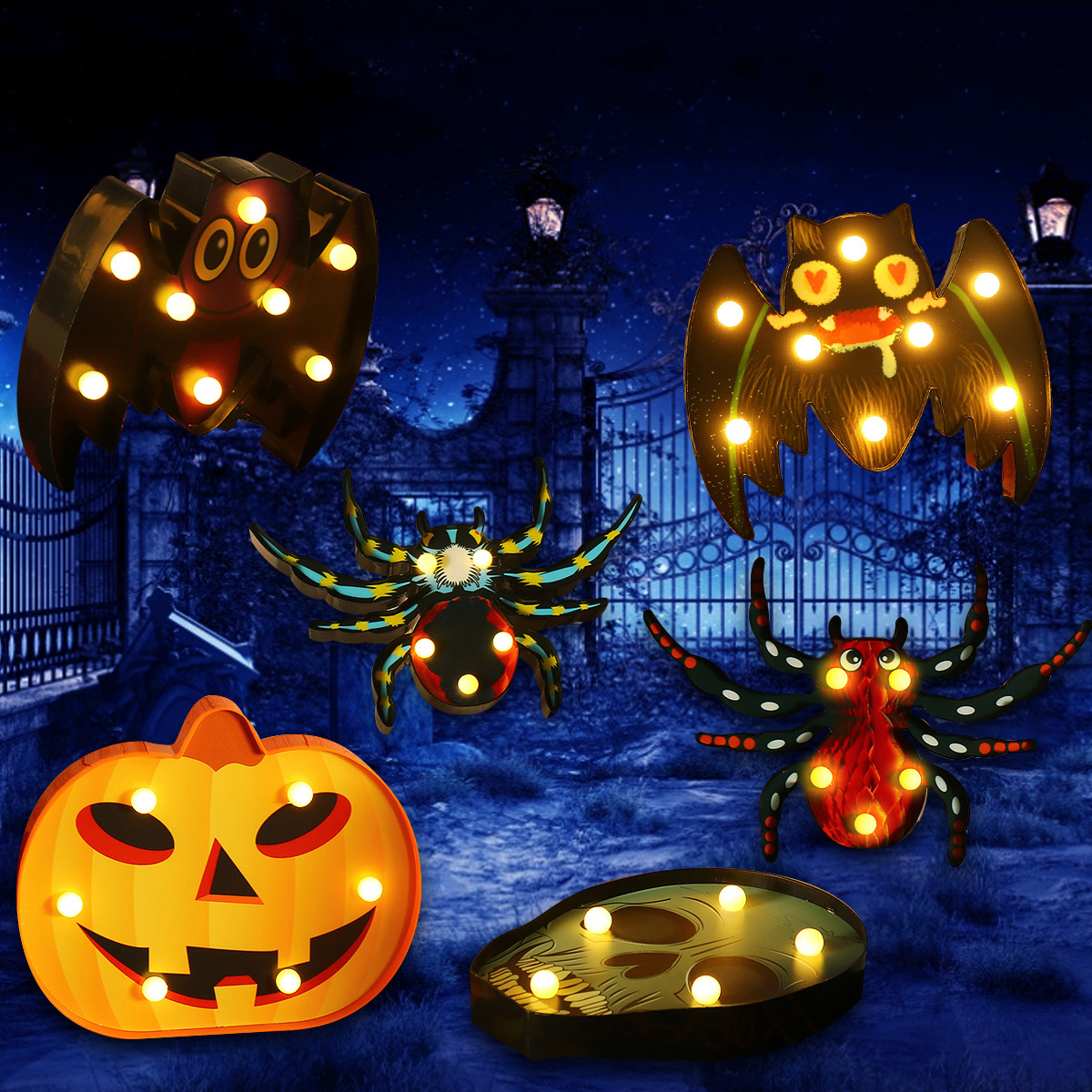 

Halloween LED Holiday Light Battery Operated Funny Pumpkin Spider Bat Skeleton Lamp Party Decor