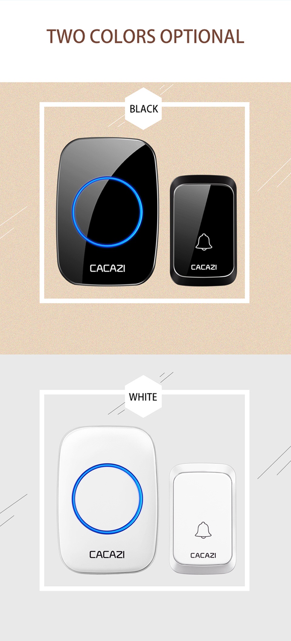 CACAZI 2 Receiver 1 Transmitter 300M Wireless Remote Waterproof LED Indicator Digital DC Doorbell 6