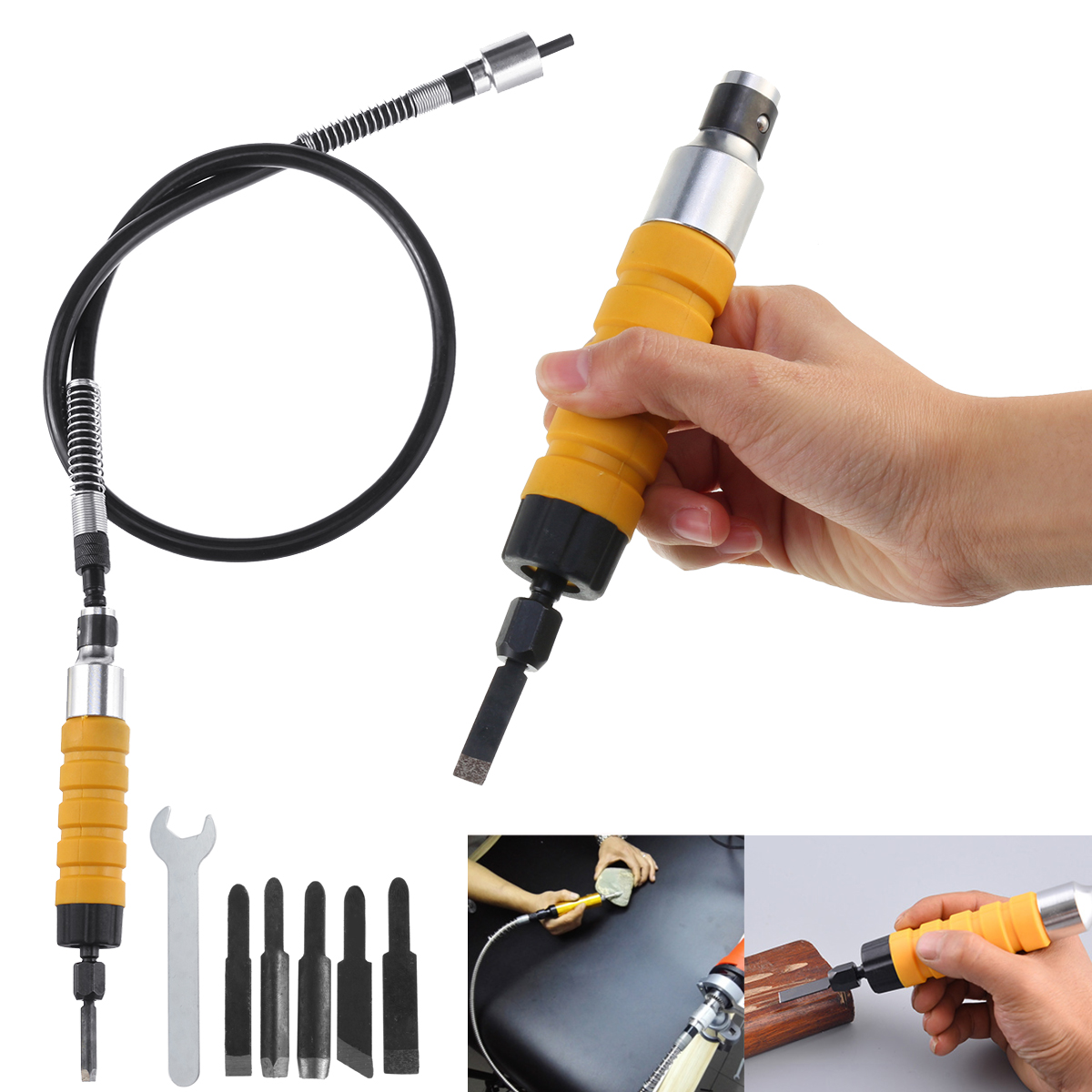 Wood Carving Tool Set Electric Chisel with 5 Carving Tips Wrench Flexible shaft 