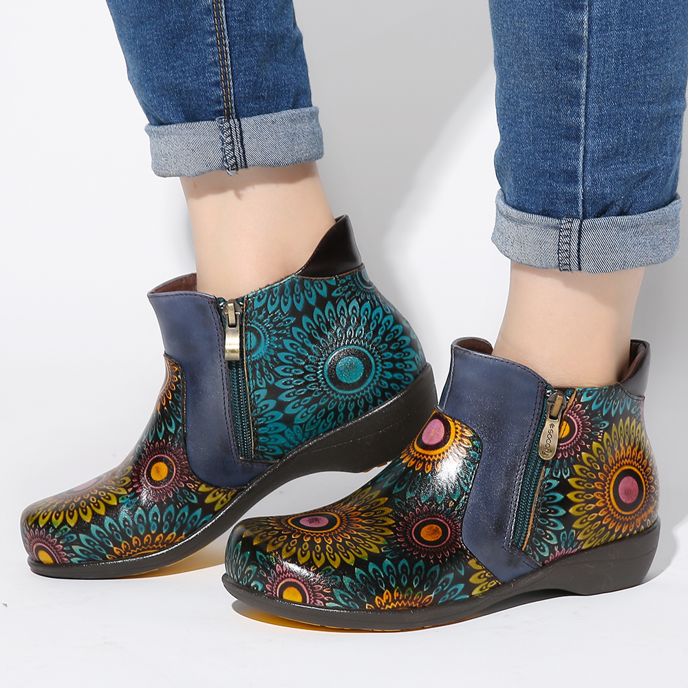 

Women Retro Flower Genuine Leather Ankle Boots