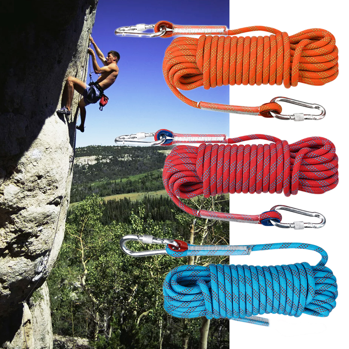 

15mx10mm Double Buckle Rock Climbing Rope Outdoor Sports Mountaineering Climbing Downhill Safety Rope