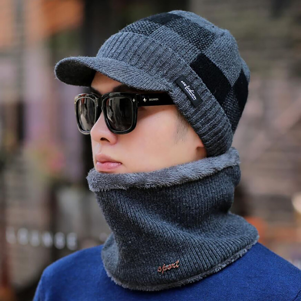 

Men's Wool Hat Warm Earmuffs Plus Thickening Knit Scarf Hat