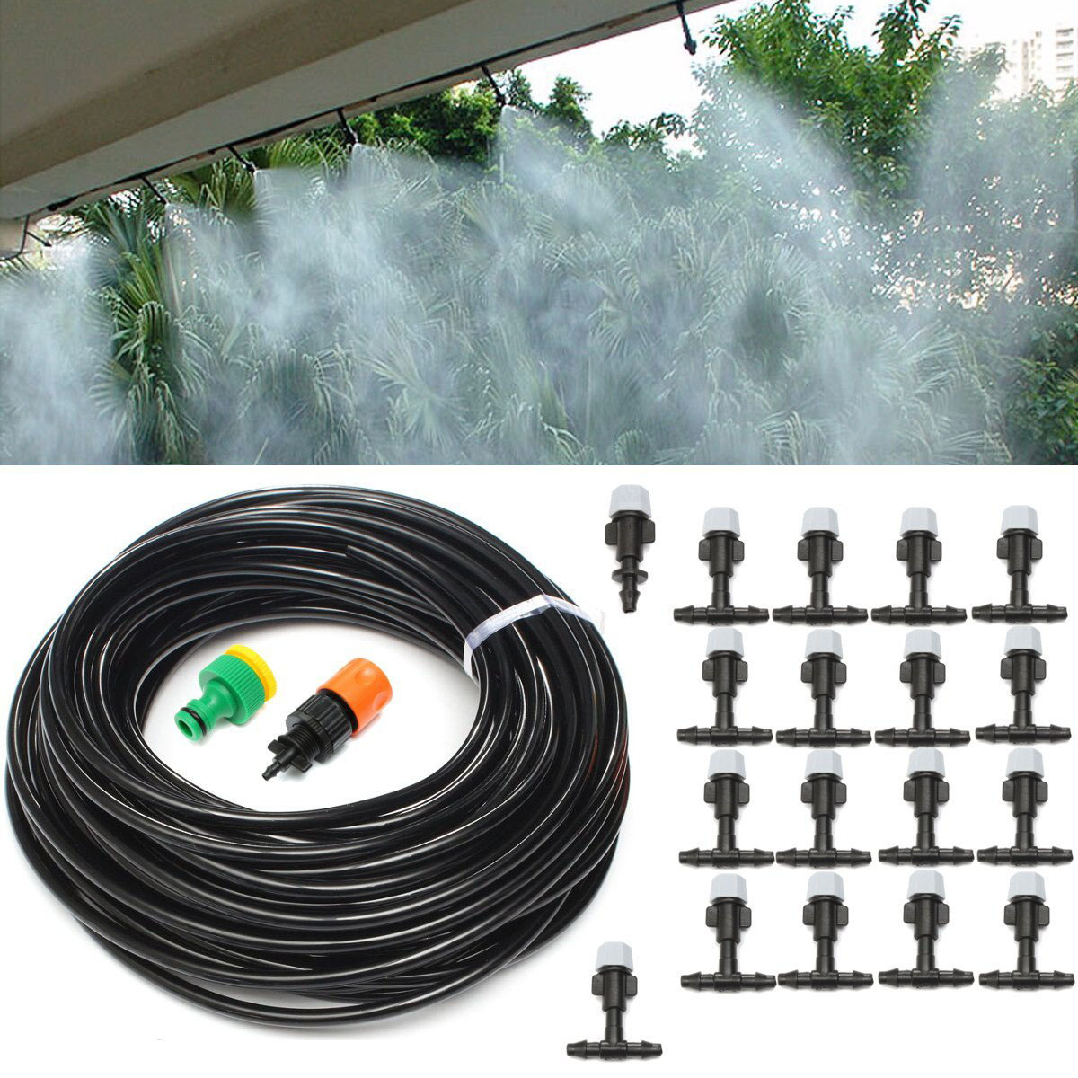 

20m Hose Mist Cooling System Garden Water Drip Irrigation Watering System Tool Sprinkler Nozzle