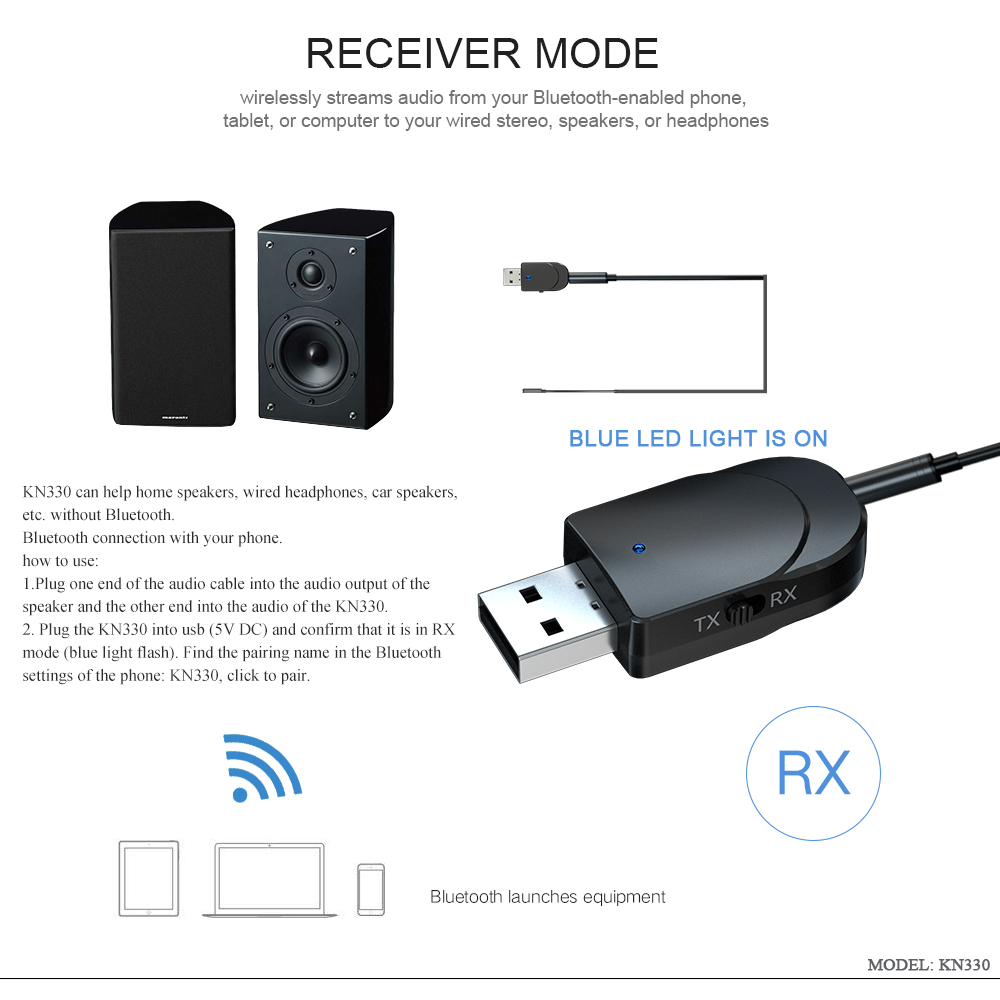 Kn330 bluetooth 5.0 audio receiver transmitter 2-in-1 usb ...