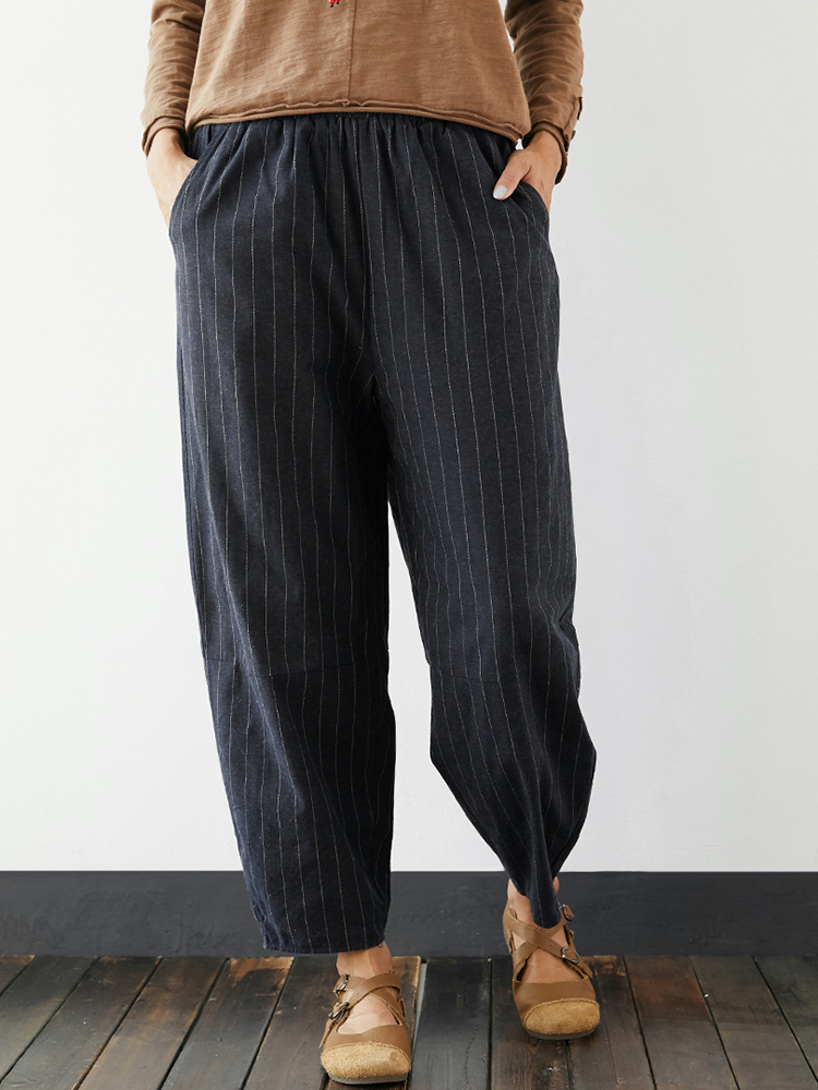 

Plus Size Striped Elastic Waist Casual Pants with Pockets