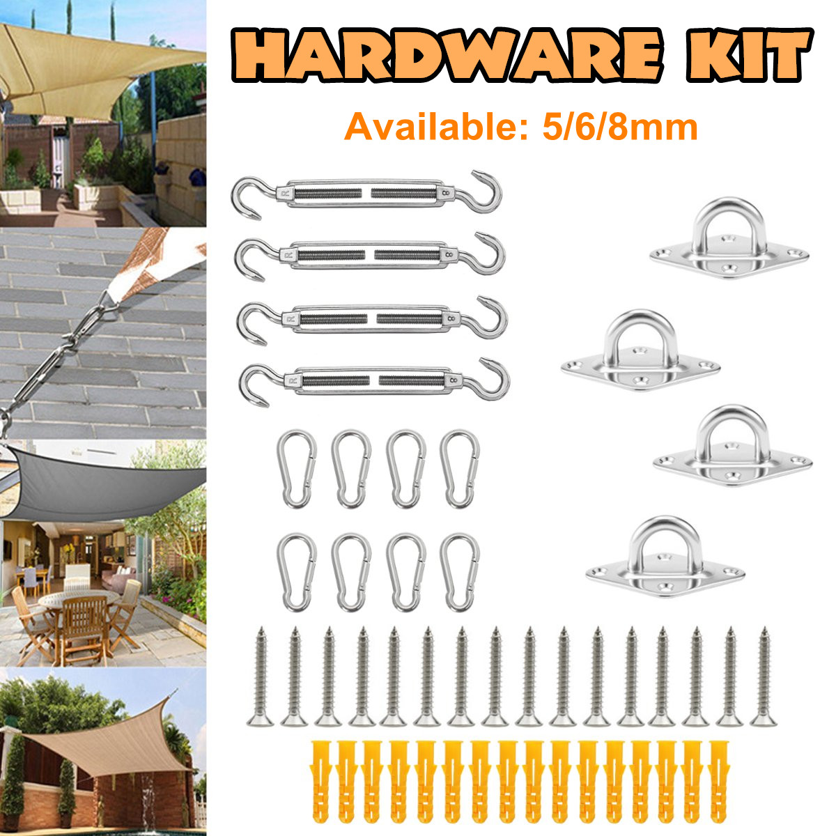Shade Sail 8mm Installation Accessory Kit 12pcs for Square/Rectangle shade sails 