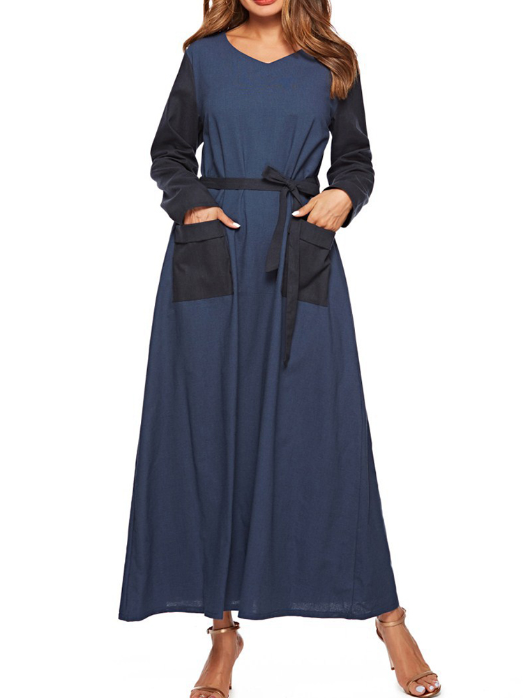

Повседневные двухцветные карманы с v-образным вырезом и длинными рукавами Maxi Платье
