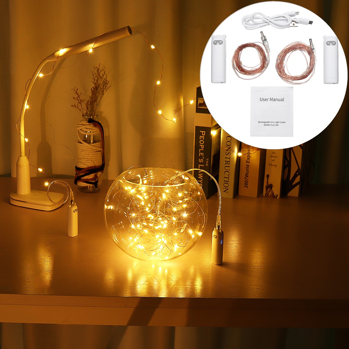 

2 Packs 2M 5M Mini Waterproof Copper Wire LED String Light with Power Bank for Wedding Party Christmas