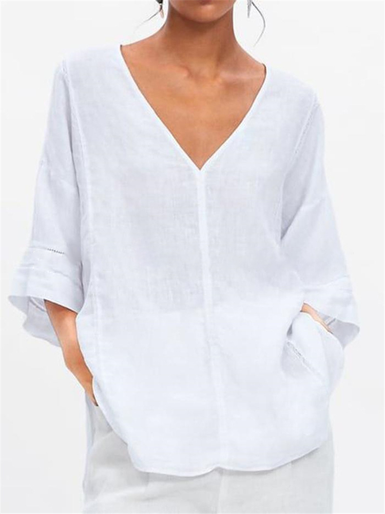 

Women Solid Color V-neck Causal Blouse
