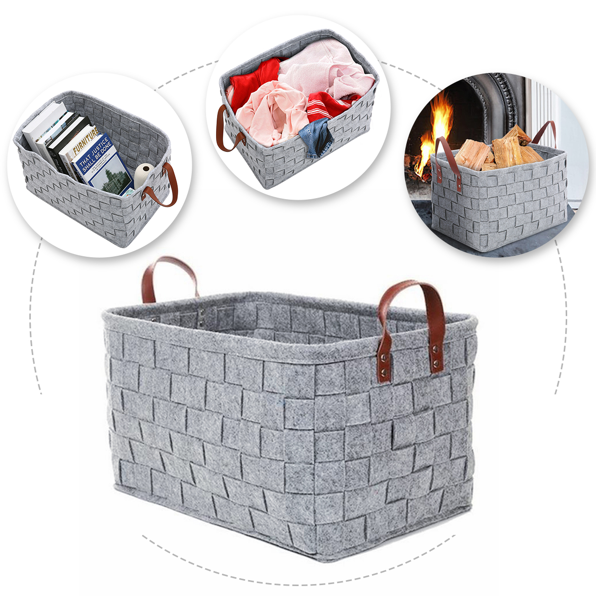 

Woven Storage Baskets Essort Grey Felt Clothes Storage Box Woven Storage Bin Firewood Basket Garment Basket with Handle for Toys