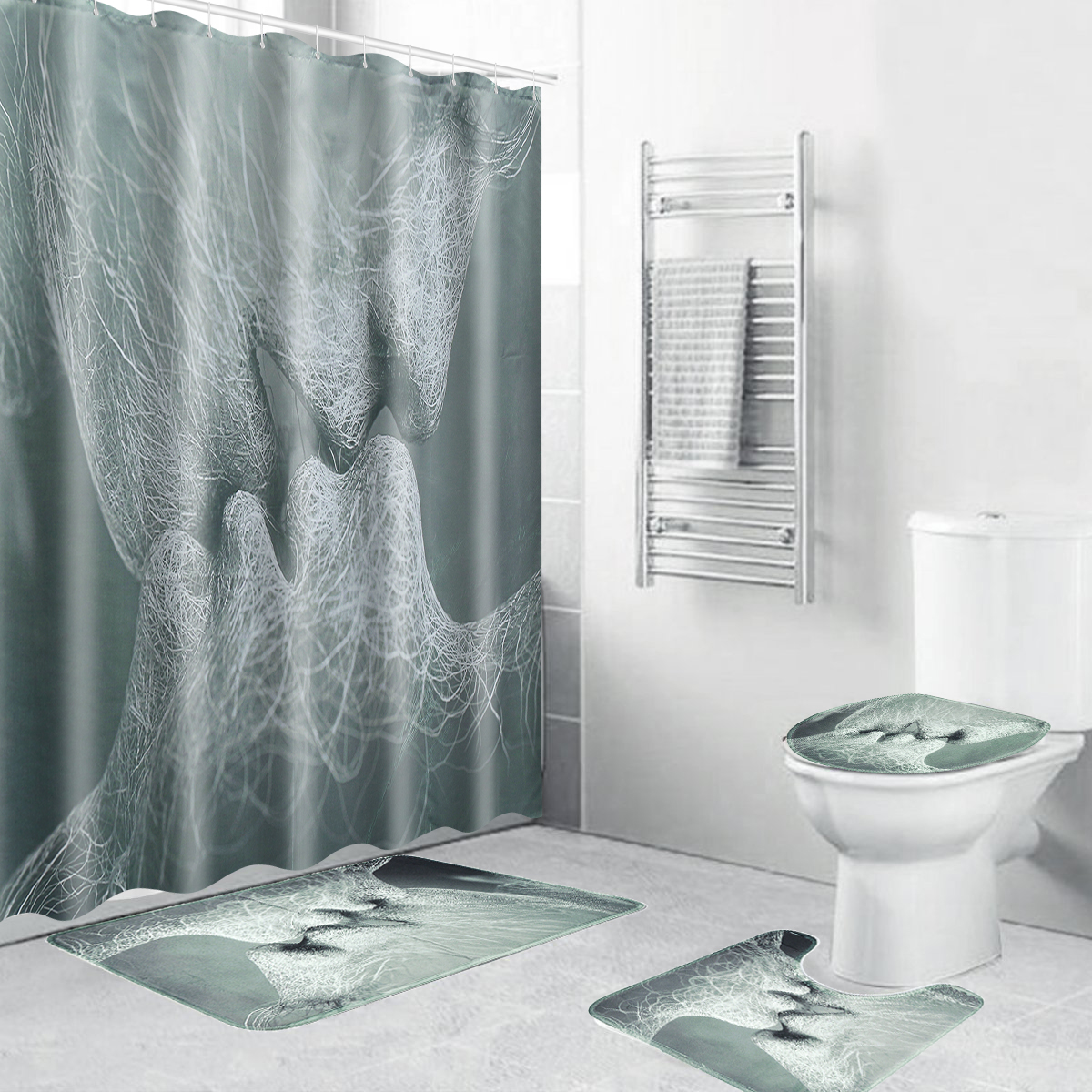 

Love Kiss Shower Curtain Waterproof Bathroom Bath Mat Set Rug Toilet Lid Cover Shower Curtain