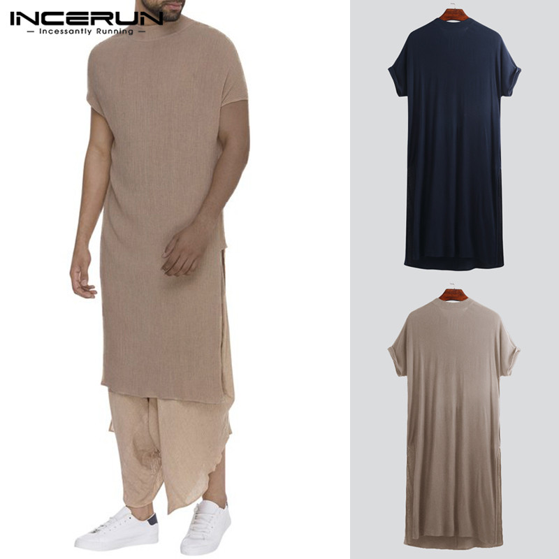

Индийская одежда Kurta Мужская с коротким рукавом Кафтан V-образным вырезом Этнические одеяния Длинные футболки