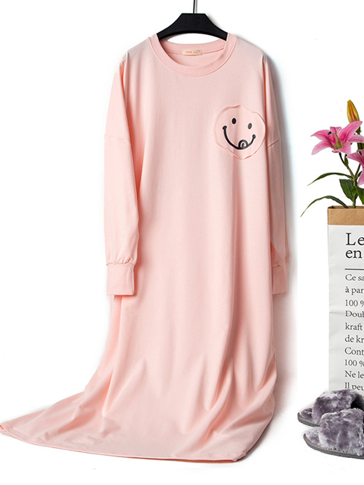 

Cotton Long Sleeve Patchwork Loungewear Overhead Nightgown