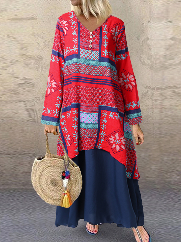 

Винтажный Этнический Принт Лоскутное V-образным вырезом Plus Размер Платье