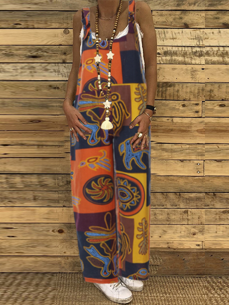 

Vintage Women Ethnic Loose Folk Style Printed Strap Jumpsuit