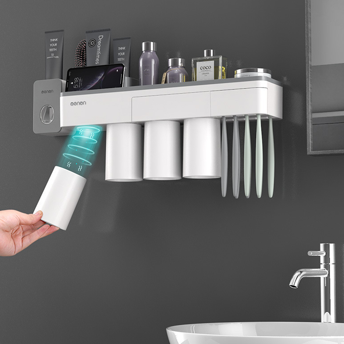 

Mutifunctional Magnetic Toothbrush Holder with Toothpaste Squeezer Cups Bathroom Storage Rack Nail Free Mount