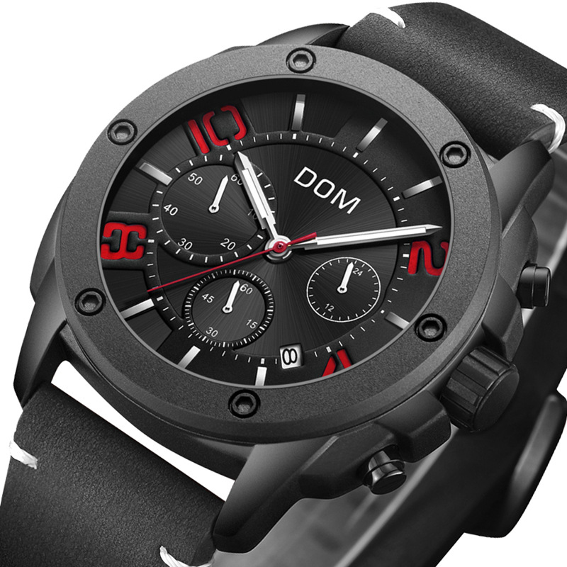 

DOM M-1229BL Спортивные мужские часы 3ATM Водонепроницаемы Хронограф Световой Дисплей Натуральная Кожа Кварцевые часы