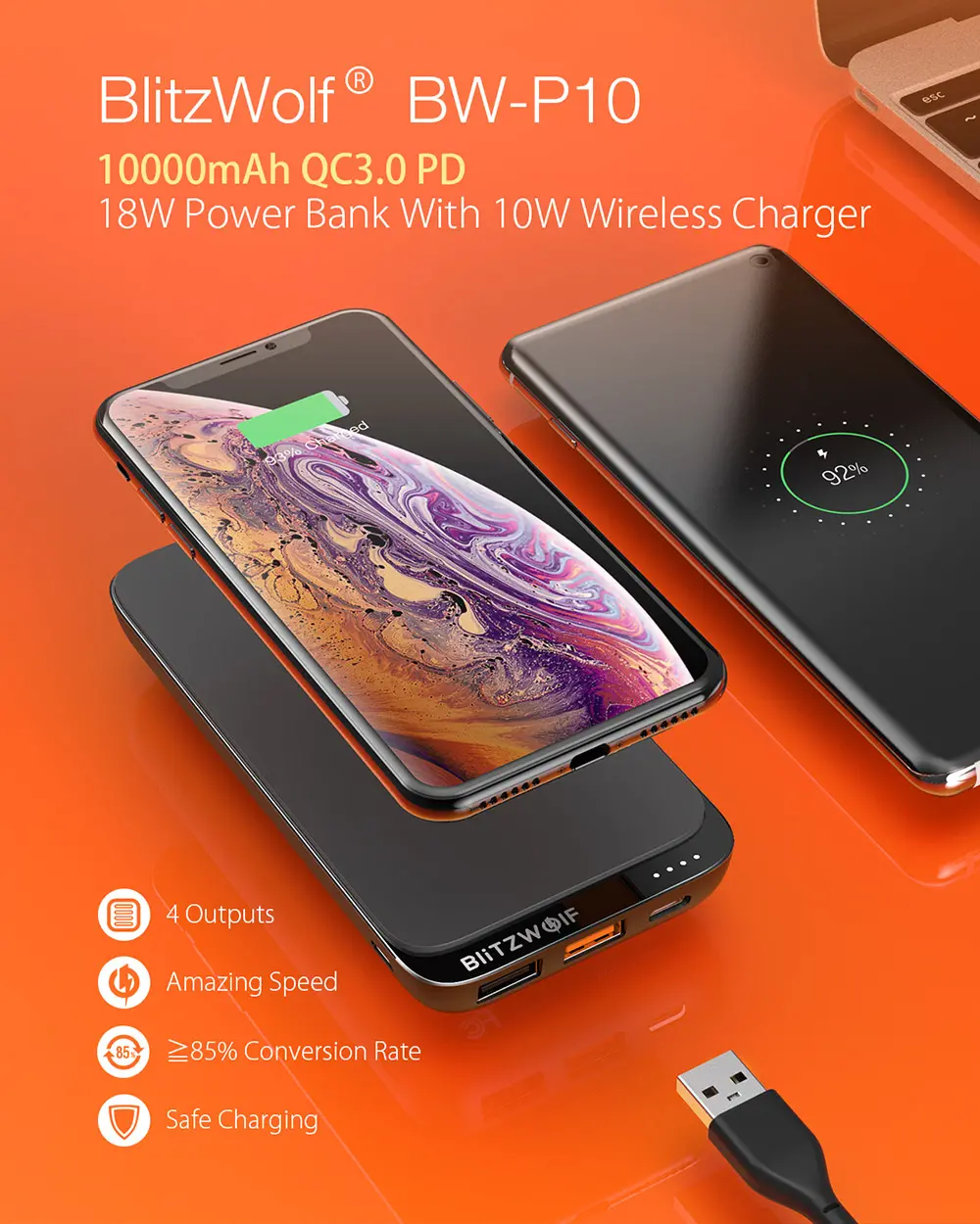 BlitzWolf BW-P10 10000mAh QC3.0 PD18W Power Bank 10W Wireless Charger with 4 Outputs for iPhone XS XR for Switch XIAOMI MI9 S10 S10+ 