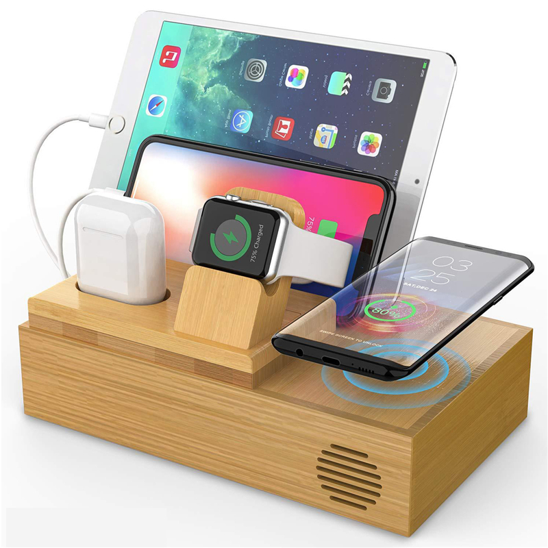 

Bamboo 4 USB Ports Docking Station With Qi Wireless Charger Phone Holder Tablet Stand Watch Holder for Smart Phone Table