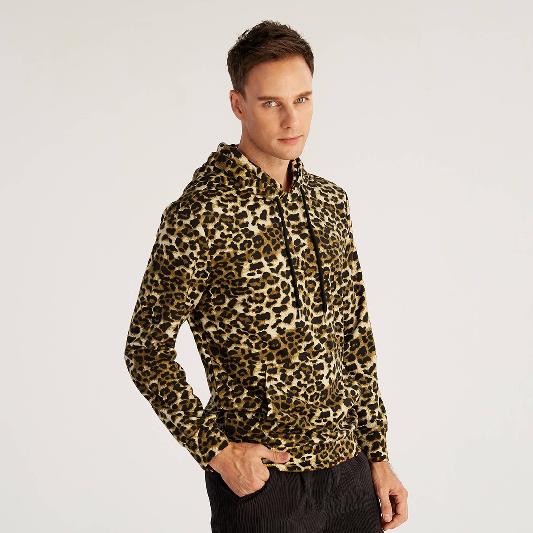 

Mens Leopard Printed Long Sleeve Insert Pocket Hooded