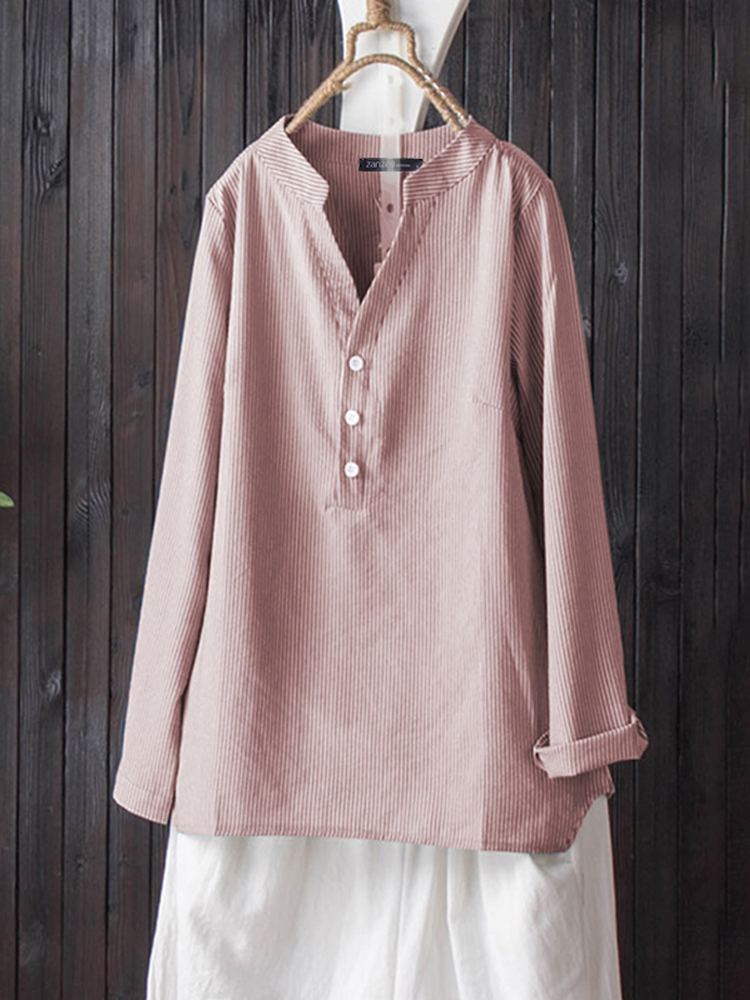 

Corduroy Solid Color V-neck Long Sleeve Causal Blouse