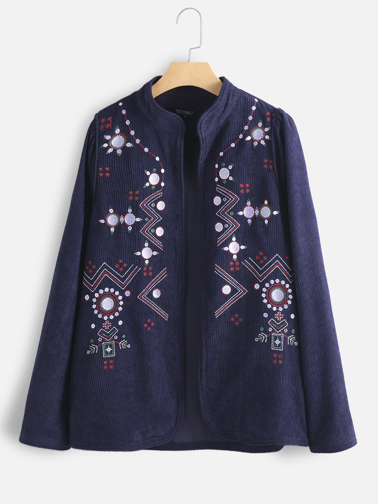 

Corduroy Embroidered Stand Collar Long Sleeve Vintage Jacket