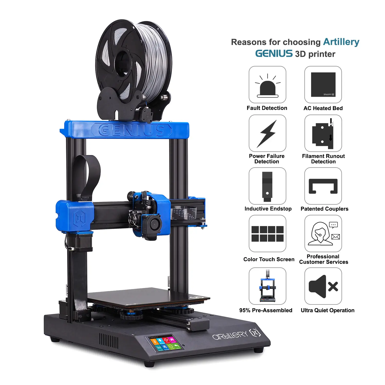 Artillery® Genius DIY 3D Printer Kit 220*220*250mm Print Size with Ultra-Quiet Stepper Motor TFT Touch Screen Support Filament Runout Detection&Power Failure Function