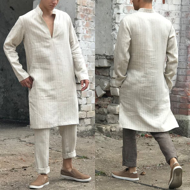 

Mens Linen Indian Kurta T-shirt Casual Long Sleeve V Neck Tunic Top Baggy Kaftan