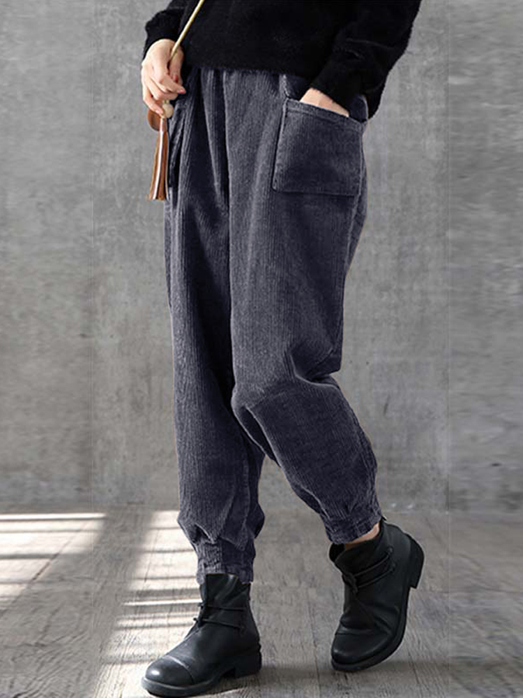 

Women Solid Elastic Waist Corduroy Pocket Pants
